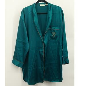 Victoria Secret Womens Gold Label Satin Pajama Top Long Sleeve Size L Teal Green